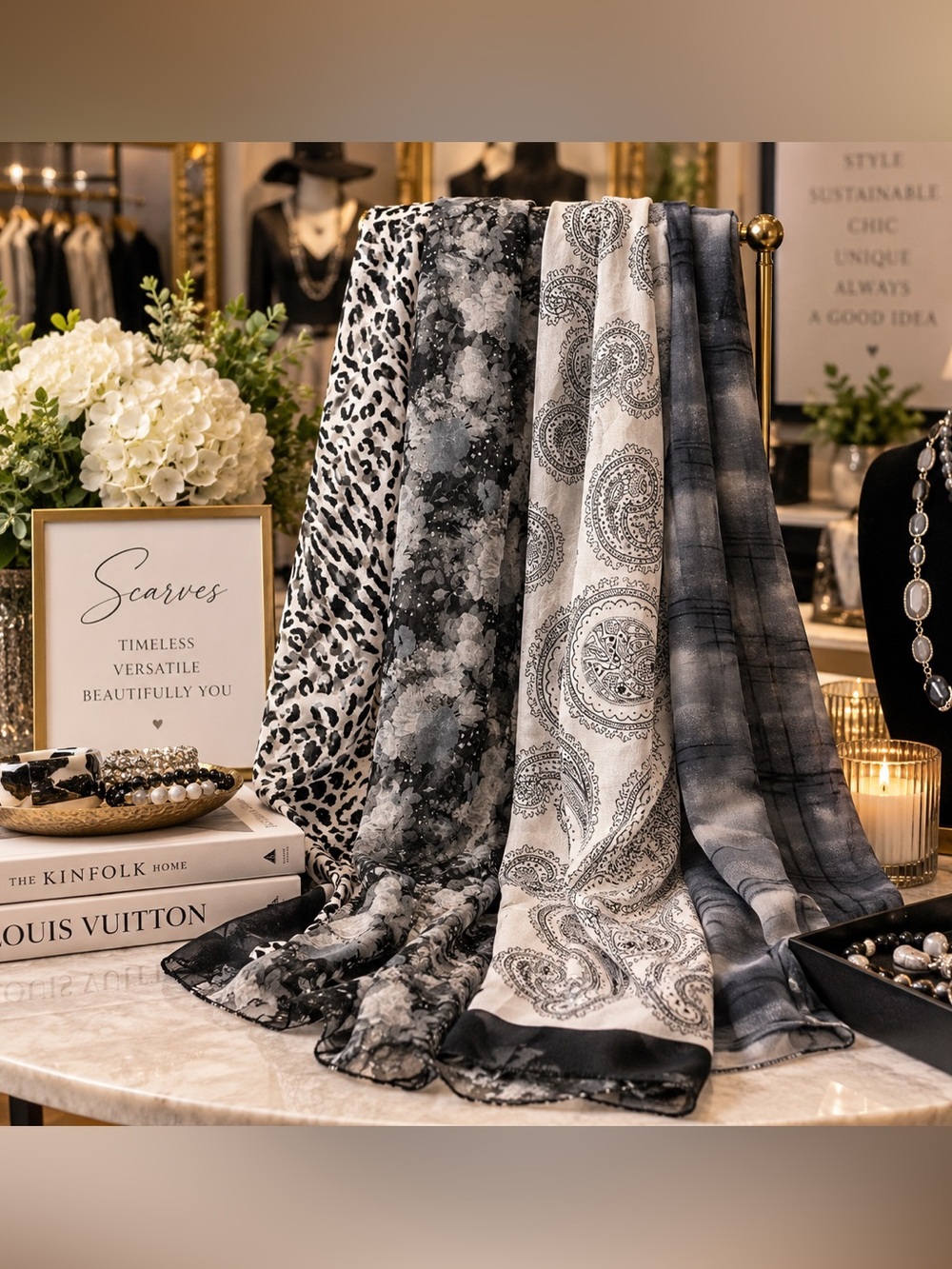 Black & White Patterned Scarves Set ( 4)